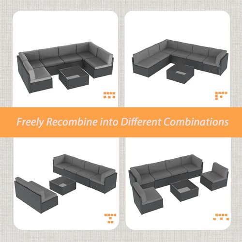 7 Piece Outdoor Patio Furniture Set, Outdoor Sectional Conversation Furniture Chair with Coffee Table,Patio Sectional for Garden,Backyard(Grey Cushions and Black PE Rattan)