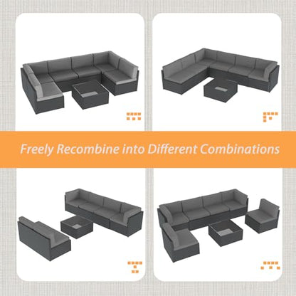 7 Piece Outdoor Patio Furniture Set, Outdoor Sectional Conversation Furniture Chair with Coffee Table,Patio Sectional for Garden,Backyard(Grey Cushions and Black PE Rattan)