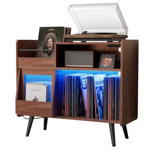Large Record Player Stand,Turntable Stand Shelf w/Power Outlet & LED Light, view 2