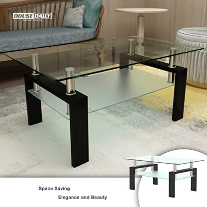 Morden Design Rectangle Glass Coffee Table for Living Room, with Black Metal Legs, Clear Tempered Glass