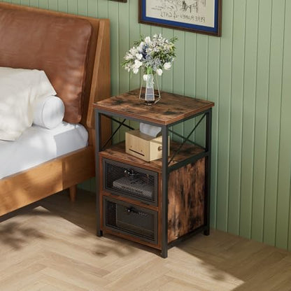 End Side Table, Modern Night Stand with Storage Space and Door, Set of 2 Nightstands for Living Room,Bedroom,Lounge,Antique Brown