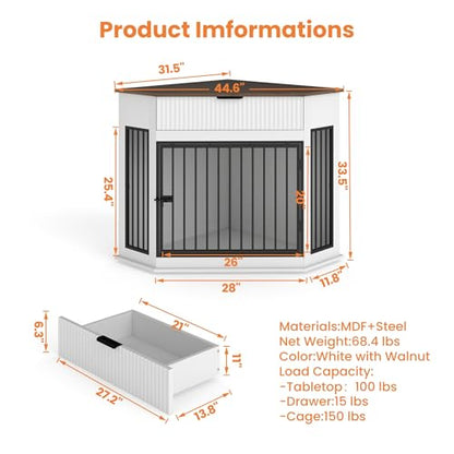 44.6'' Corner Dog Crate Furniture with Fluted Storage Drawer, view 3