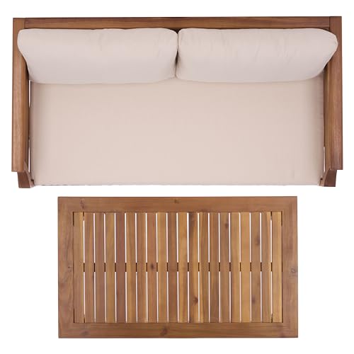 SAFAVIEH Outdoor Patio Furniture Collection - Alta Teak & Cream Solid Wood Bench with Cushions and Slatted Coffee Table, 2-Piece Set (PAT6812A)