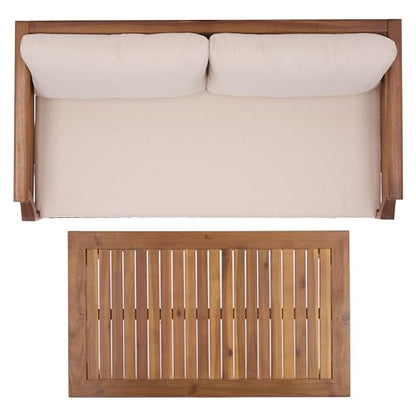 SAFAVIEH Outdoor Patio Furniture Collection - Alta Teak & Cream Solid Wood Bench with Cushions and Slatted Coffee Table, 2-Piece Set (PAT6812A)