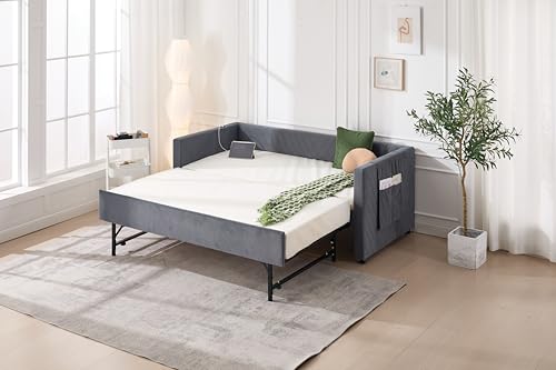 Twin Size Upholstered Daybed with Trundle,USB Port,Side Pockets, V Grained backrest Design,No Box Spring Needed, for Bedroom, Guest Room (Grey, Twin)