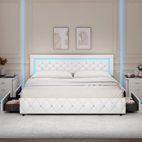 King Size Bed Frame with LED Lights and Storage Drawers, Upholstered Platform Bed with Diamond Tufted Headboard, Wooden Slats Support, No Box Spring Needed, Easy Assembly, White