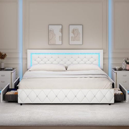 King Size Bed Frame with LED Lights and Storage Drawers, Upholstered Platform Bed with Diamond Tufted Headboard, Wooden Slats Support, No Box Spring Needed, Easy Assembly, White