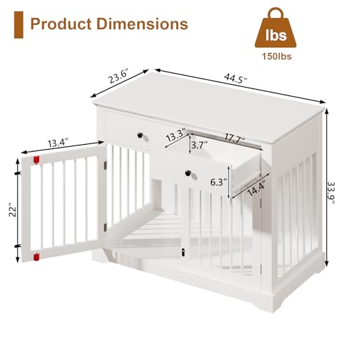 44inch Large Dog Crate Furniture with Storage Drawers for Indoor, White, view 3
