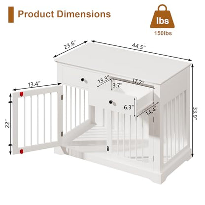 44inch Large Dog Crate Furniture with Storage Drawers for Indoor, White, view 3