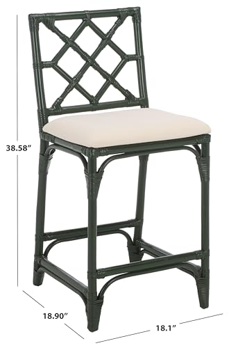 SAFAVIEH Furniture - Bhumi 23.6" Seat Height Counter Stool - White & Forest Green - Handwoven Rattan Design - Fully Assembled - Ideal for Kitchen, Dining Room & Kitchen Island (BST6511E)
