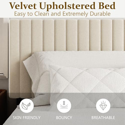 Queen Size Bed Frame with Velvet Upholstered Headboard, view 5