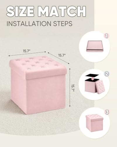 Storage Ottoman Cube, Velvet Tufted Folding Ottomans, Pink, view 4