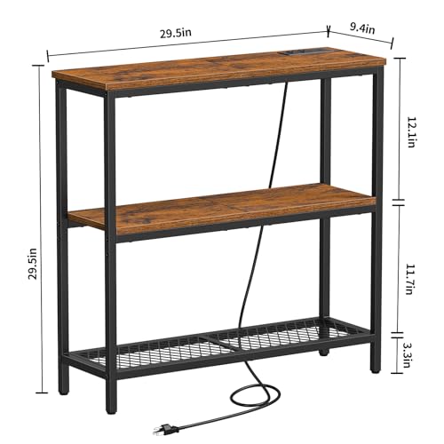 Console Table with Power Outlets, Entryway Table with Storage, Narrow Sofa Table with 3 Tier Shelves, 2 USB Ports, 2 Power Outlets, Hallway Table for Couch, Living Room, Entrance