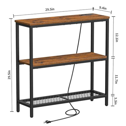 Console Table with Power Outlets, Entryway Table with Storage, Narrow Sofa Table with 3 Tier Shelves, 2 USB Ports, 2 Power Outlets, Hallway Table for Couch, Living Room, Entrance