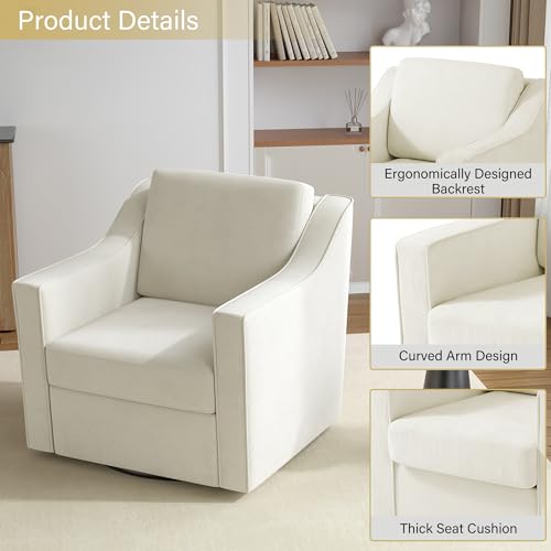 Swivel Accent Chairs Set of 2, 360° Swivel Upholstered Club Armchairs for Living Room, Comfy Single Sofa Reading Chair with Deep Seat, Metal Swivel Base, Chenille Fabric, Beige