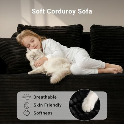 104" Boneless Couch, Cloud Couch Sectional, L-Shape Corduroy Modular Sectional Sofa Deep Seat, Upholstered Couches for Living Room, No Assembly Required, Black, Right Facing Chaise