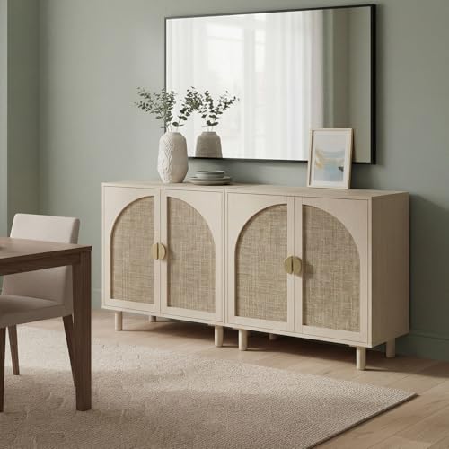 Rattan Storage Cabinet, Beige Boho Sideboard with Adjustable Shelf, Magnetic Door Latch. [2pcs, Beige]