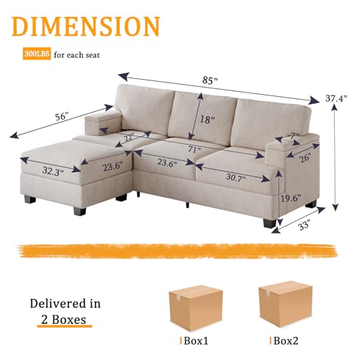 85'' L Shaped Couch with Armrest Organizer,3 Seats Sofas with Movable Ottoman,Comfy Sectional Sofa with Thick Cushion,Chenille Sectional Couches for Living Room,Bedroom,Apartment,Home Furniture,Khaki