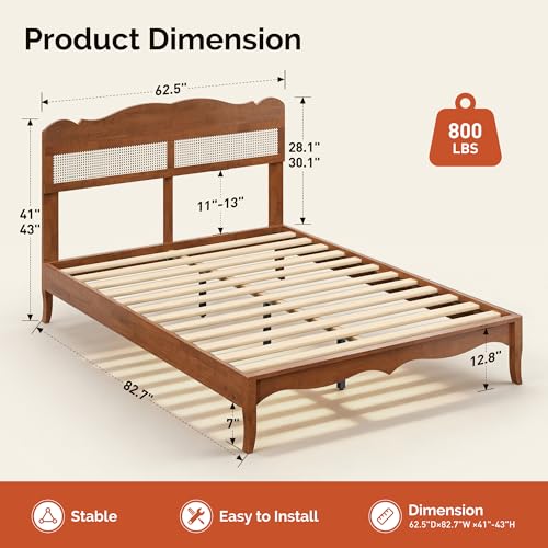 Queen Bed Frame with Adjustable Headboard, Wooden Bedframe, view 3