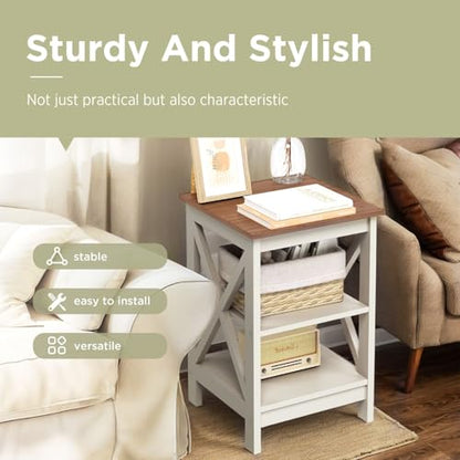End Tables Bedroom Set of 2, Farmhouse Sofa Side Table with Storage Shelves, Ivory