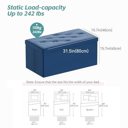 Folding Storage Ottoman Bench, Ottoman with Storage, Foot Rest, Benches Seat for Bedroom, Living Room, Entryway, Long Shoes Bench, 15.7" x 31.5" x 15.7" Blue