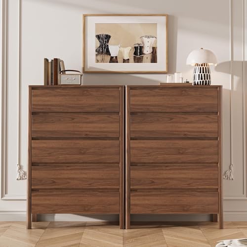 Walnut 5 Drawer Dresser for Bedroom, Modern Tall Dresser with Hidden Handles, view 4