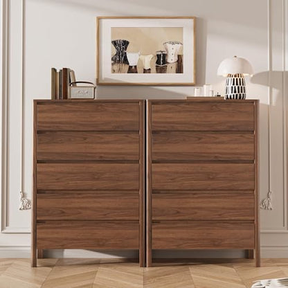 Walnut 5 Drawer Dresser for Bedroom, Modern Tall Dresser with Hidden Handles, view 4