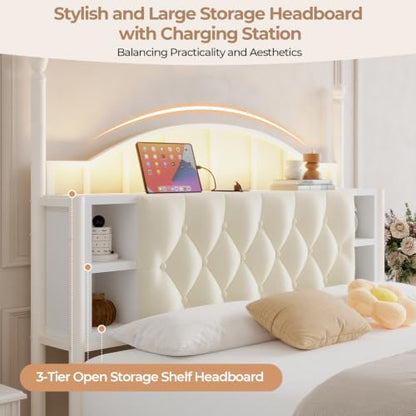 Twin Size Upholstered LED Canopy Bed Frame with 2 Drawers and & Charging Station, view 5