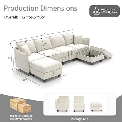 112" Modular U-Shaped Sectional Sofa, Modern 6-Seat Cloud Couch with 2 Storage Ottomans, Comfy Chenille Convertible Furniture Set for Living Room, Apartment, Easy Assembly, Beige