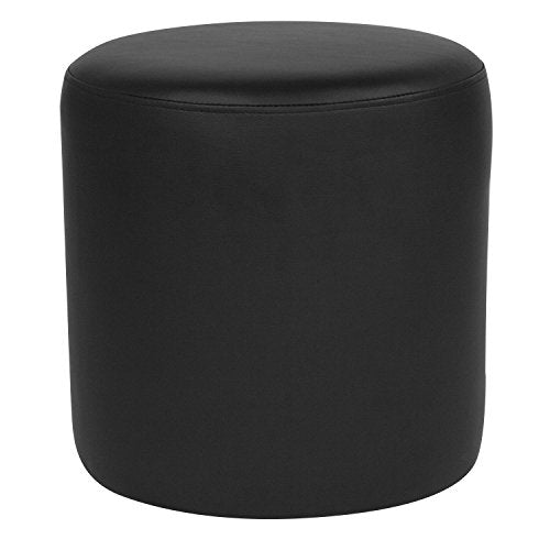 Barrington Upholstered Round Ottoman Pouf with Solid Wood Frame in Black LeatherSoft