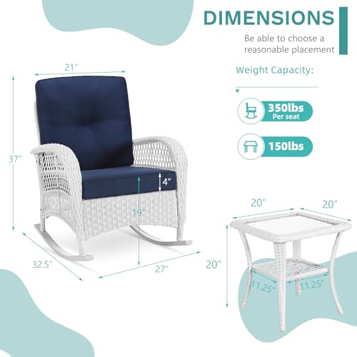 3 Pieces Patio Conversation Set, Rattan Outdoor Rocking Patio Bistro Set with 2 Rockers and 1 Side Table with 4" Thick Cushions, Outdoor Furniture Set for Porch Backyard, White Wicker/Navy