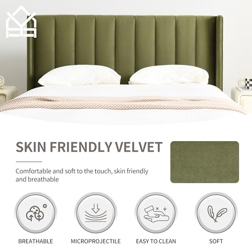 King Bed Frame，Platform Bed with Upholstered Headboard，Grass Green, view 6