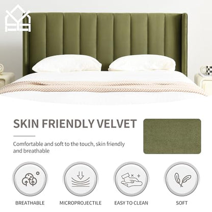 King Bed Frame，Platform Bed with Upholstered Headboard，Grass Green, view 6