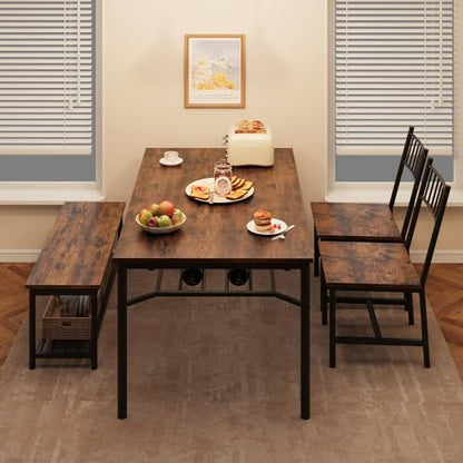 Dining Table Set for 4 with Bench and Chairs, 4-Piece Kitchen Table Set with Storage – Space-Saving Dining Table for Apartments and Dining Rooms, Brown