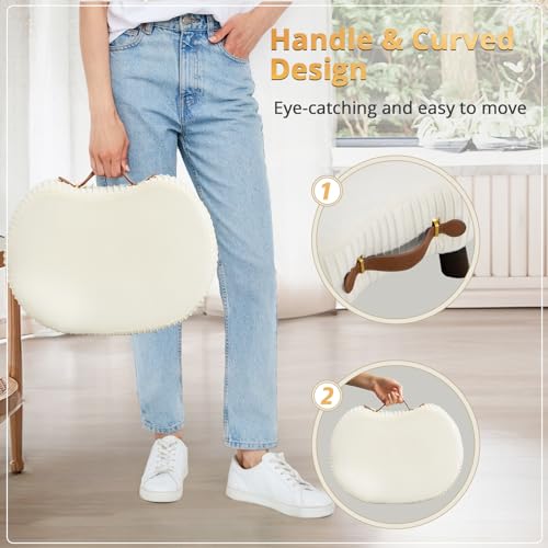 Small Curved Foot Stool with Handle, Beige Velvet Footstool and Ottomans, Modern Foot Rest with Wooden Legs, Step Stool with Padded Seat for Couch, Living Room