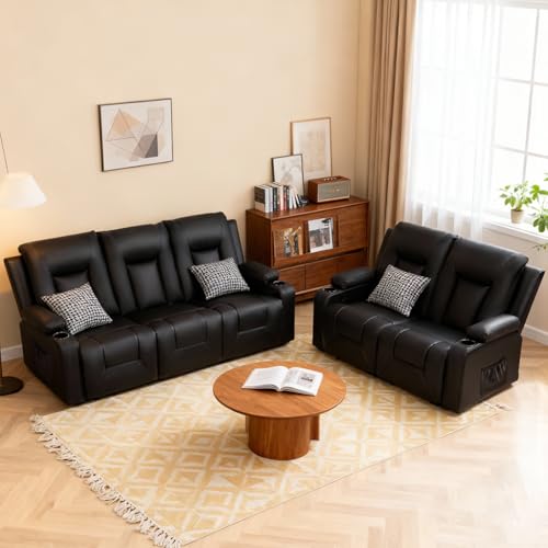 Living Room Furniture Set,Faux Leather Manual Recliner Sofa Sets with Cup Holders,Reclining Couch,Loveseat and Armchair,3+2,Black