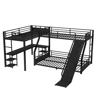 JIVOIT Triple Bunk Bed with Slide & Desk, Storage Shelves, L-Shaped Metal Bunk Bed with Loft Bed, Space-Saving Twin XL Over Queen Metal Triple Bed, Quiet Design, No Box Spring Required