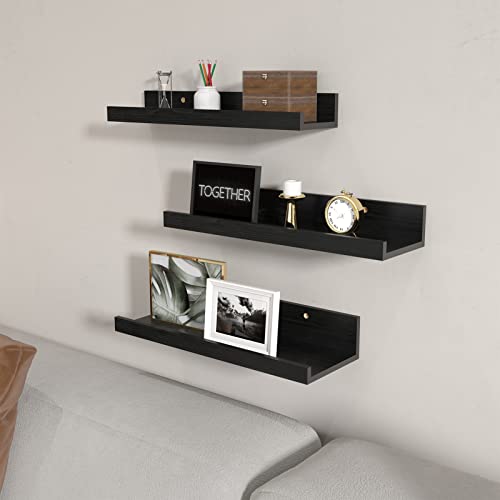 16 Inch Black Floating Shelves for Wall Mount, Woodgrain Wall Shelf Ledge for Bathroom Bedroom Kitchen Living Room Office Storage, Set of 3 Different Sizes