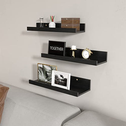 16 Inch Black Floating Shelves for Wall Mount, Woodgrain Wall Shelf Ledge for Bathroom Bedroom Kitchen Living Room Office Storage, Set of 3 Different Sizes