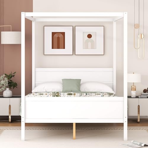 Queen Solid Wood Canopy Bed with Headboard and Footboard, White, view 4