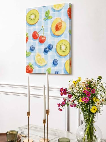 NuYeBiofx Summer Fruit Slices Peach Pattern Canvas Wall Art Prints,48"x32" Framed Picture Artwork Blue Gingham Backdrop Printed Canvas Oil Painting for Living Room Bedroom Office,Ready to Hang