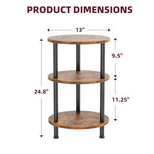 Side Table Living Room, Small Round End Table, 3 Tiers Accent Table for Small Spaces, Rustic Brown