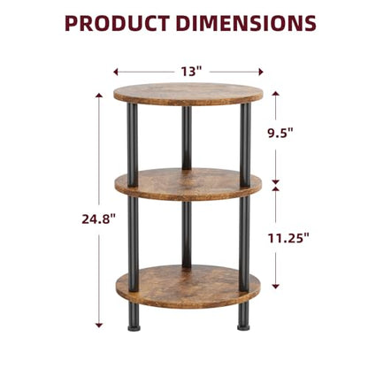 Side Table Living Room, Small Round End Table, 3 Tiers Accent Table for Small Spaces, Rustic Brown