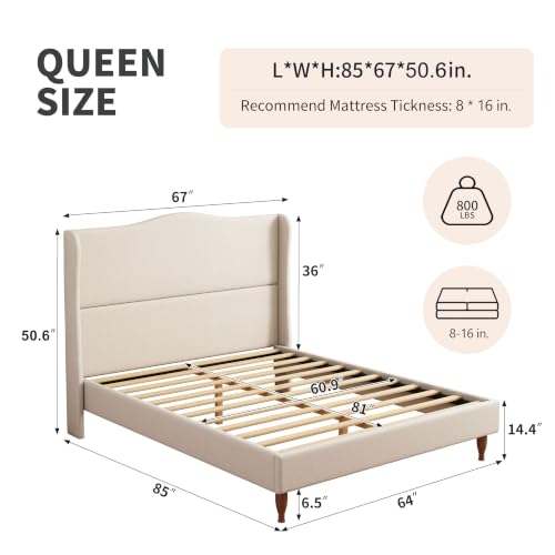 Wingback Upholstered Platform Bed with 50.6 Inch Tall Headboard, Beige, view 3