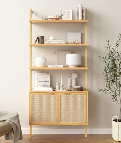 71in Rattan Ladder Bookshelf - 31.5in Wide Book Shelf with Storage, 6-Tier Bookcase with Doors for Living Room,Bookshelf with Cabinet, Oak