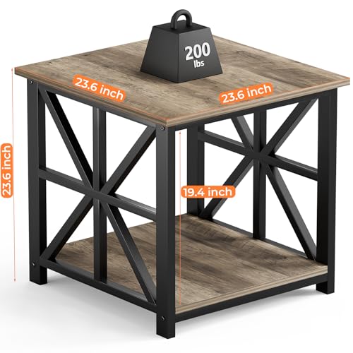 Large End Table with X-Shaped Metal Frame for Living Room | Modern Side Table for Bedroom Office,2-Tier Storage Shelf Nightstand,Scratch-resistant Sofa Table,Grey Wash 24 inch