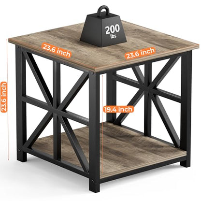 Large End Table with X-Shaped Metal Frame for Living Room | Modern Side Table for Bedroom Office,2-Tier Storage Shelf Nightstand,Scratch-resistant Sofa Table,Grey Wash 24 inch