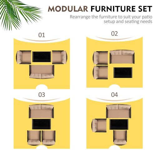 4 Piece Patio Furniture Set, Outdoor Rattan Conversation Set with Coffee Table, Outside Wicker Sectional Sofa Couch with Cushion, Brown and Khaki