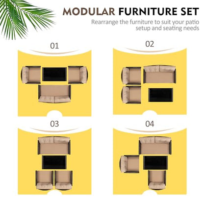 4 Piece Patio Furniture Set, Outdoor Rattan Conversation Set with Coffee Table, Outside Wicker Sectional Sofa Couch with Cushion, Brown and Khaki