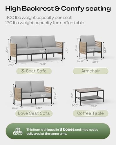 Aluminum Outdoor Patio Furniture Set with Dual-Layer Coffee Table, 4 Piece Modern Patio Conversation Sets with PE Rope, Outdoor Sectional Sofa with Thick Cushions for Balcony, Porch, Gray